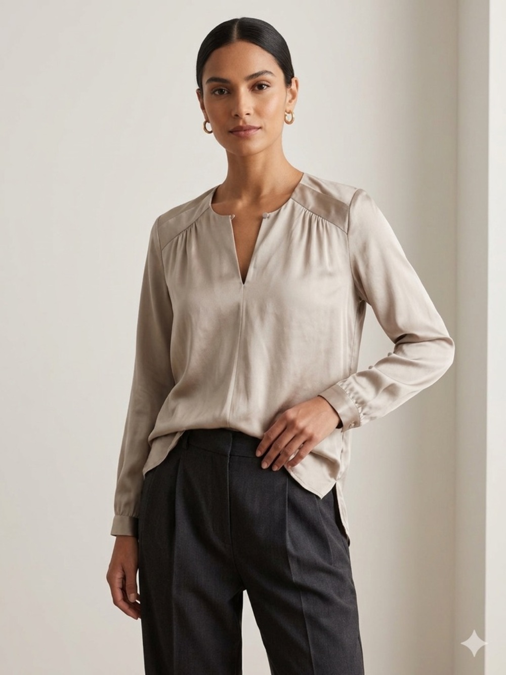 Brochu Walker Taupe Long-Sleeve V-Neck Blouse